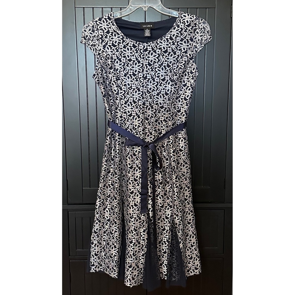 Lia Lee Navy Dress Small Lace Sequin Fit Flare Ribbon‎ Waist Cap Sleeve Elegant